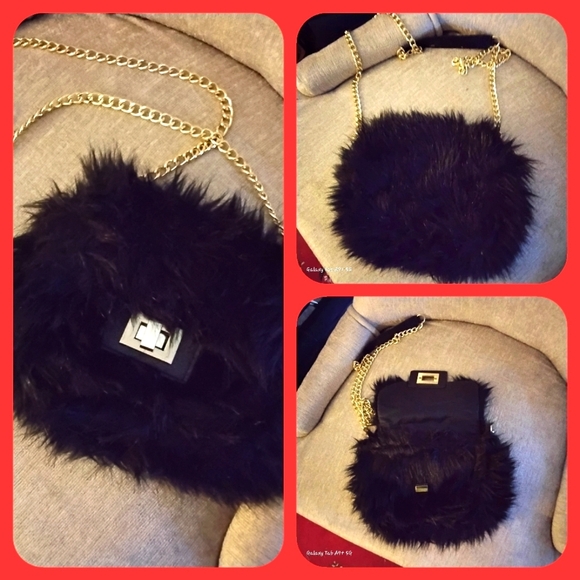 H&M Black Furry Crossbody Bag with Gold Chain - Picture 1 of 9